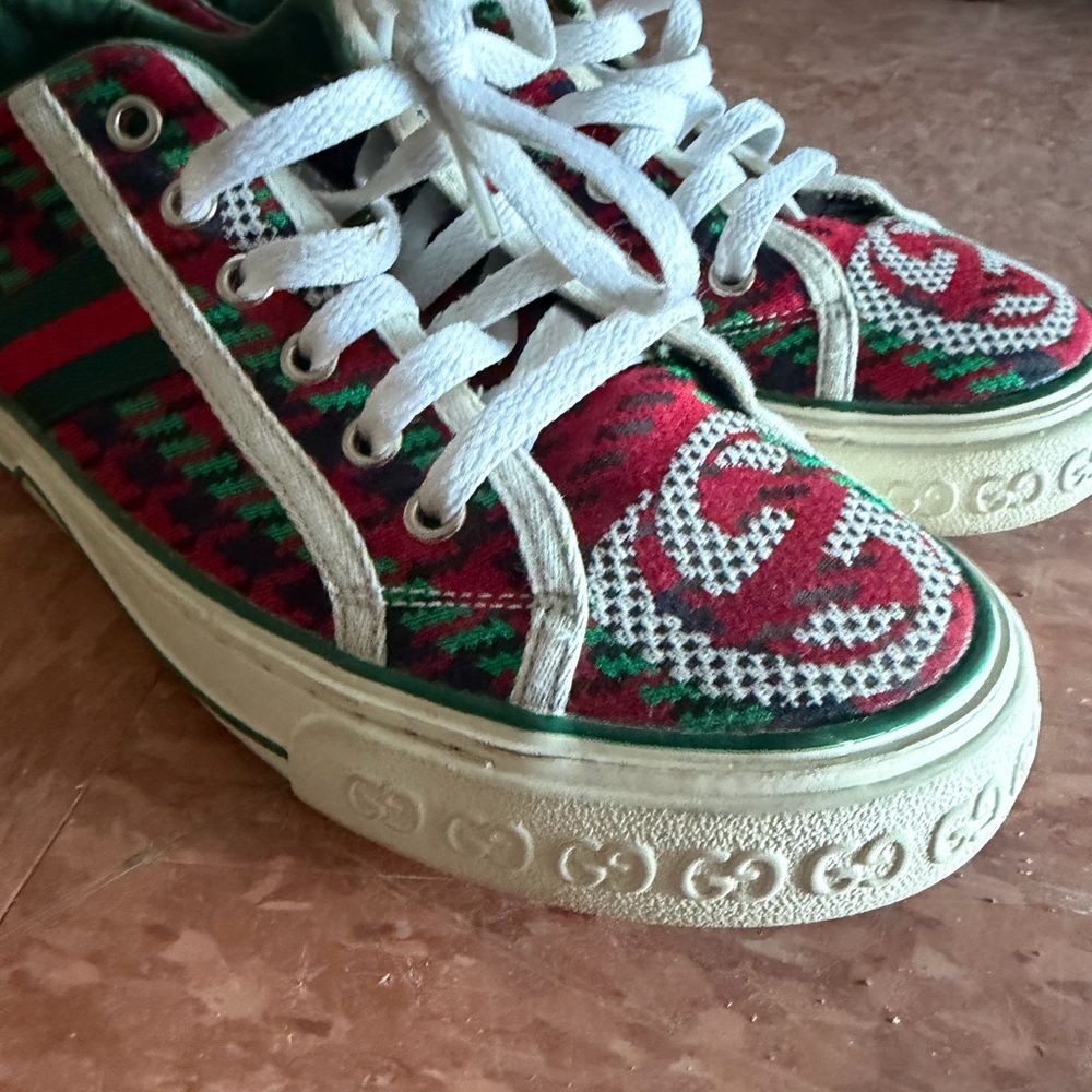 Gucci Red and Green Houndstooth Low-Top Sneakers